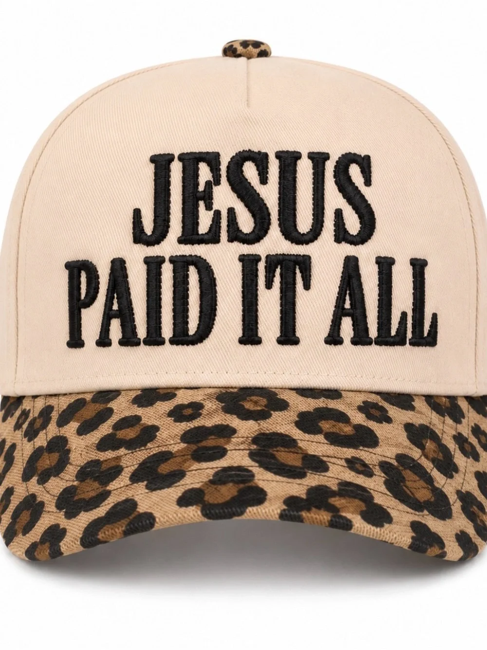 “Jesus Paid It All” Embroidered Trucker Hat | Cream Leopard Faith Cap NWT